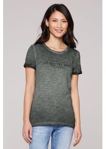 SOCCX Damen Rundhalsshirt, grün, casual, Gr. L, bedruckt, Material: 100% Baumwolle, Shirts, mit offenen Kanten