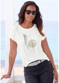 Lascana Damen Rundhalsshirt "mit schimmerndem Folienprint", weiß, feminin, Gr. 36, bedruckt, Glitzermuster, unifarben mit Farbeinsätzen, Single