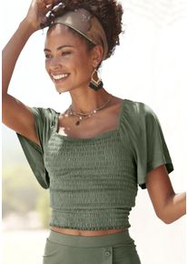 Buffalo Damen Kurzarmshirt, grün, modisch, Gr. 36, unifarben, Jersey, Obermaterial: 95% Viskose, 5% Elasthan, Shirts, mit Volantärmeln, Blusenshirt,