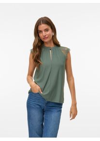 Véro Moda VERO MODA Damen Spitzentop "VMMILLA SL LACE TEE", grün, elegant, Gr. S, unifarben, Jersey, Spitze, Obermaterial: 95% Polyester, 5% Elasthan, Tops