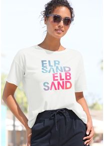 ELBSAND Damen T-Shirt, weiß, modisch, Gr. XL, unifarben, Single Jersey, Obermaterial: 50% Baumwolle, 50% Polyester, Shirts, mit Logodruck