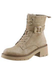 Tamaris Damen Schnürstiefelette, Gr. 40, beige, Veloursleder, unifarben, modisch, Schuhe, Blockabsatz, Schnürboots mit modischer Zierschnalle