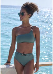 Lascana Damen Highwaist-Bikini-Hose "Yves", grün, Gr. 42, unifarben, Recycling-Polyamid, Badehosen, mit edlen Zieraccessoire
