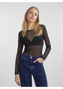 Pieces Damen Langarmshirt "PCNINNI LS MESH TOP NOOS BC", schwarz, casual, Gr. L, unifarben, durchscheinend, leicht glänzend, Web, Obermaterial: 95%
