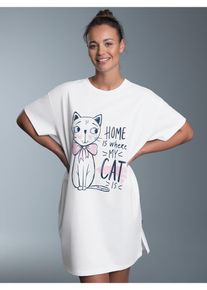 TRIGEMA Damen Pyjama "TRIGEMA Bigshirt mit süßem Katzen-Printmotiv", weiß, casual, Gr. L, 100% Baumwolle, Homewear-Sets