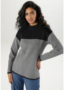 Damen Strickpullover, schwarz-weiß, elegant, Gr. 38, Aniston SELECTED, Jacquardmuster, Strick, Obermaterial: 50% Viskose, 28% Polyester, 22%