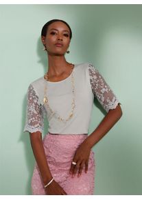 CRÉATION L CREATION L Damen Kurzarmshirt "Shirt", grau, Gr. 46, unifarben, 95% Viskose, 5% Elasthan, Spitze:100% Polyester, Shirts