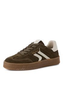 Tamaris Damen Plateausneaker, Gr. 38, grün, Veloursleder, Glattleder, kontrastfarbene Details, Fischgratmuster, sportlich, Schuhe, Freizeitschuh,