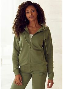Buffalo Damen Kapuzensweatjacke, Gr. 32, grün, angeraute Sweatware, Obermaterial: 60% Baumwolle, 40% Polyester, casual, Sweatjacken, mit Statement