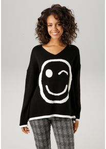Aniston CASUAL Damen Strickpullover, schwarz-weiß, modisch, Gr. 32, gemustert, Strick, Obermaterial: 100% Polyacryl, Pullover, mit eingestricktem