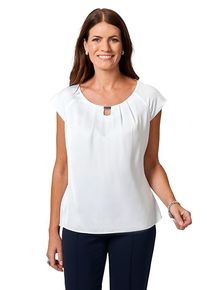 Damen Shirttop, weiß, modisch, Gr. 38, HERMANN LANGE Collection, Satin, Obermaterial: 100% Polyester, Tops, mit Zierteil am Ausschnitt