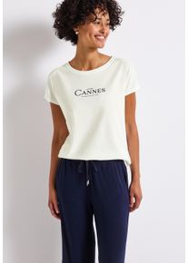 Street One Damen Shirttop, weiß, casual, Gr. 34, bedruckt, Jersey, Obermaterial: 50% Baumwolle, 50% Modal, Tops, mit Folien-Wording