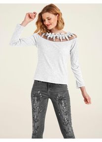 Heine Damen Langarmshirt "Shirt", weiß, Gr. 48, unifarben, 50% Polyester, 45% Viskose, 5% Elasthan, Spitze:80% Baumwolle, 20% Polyester, Shirts