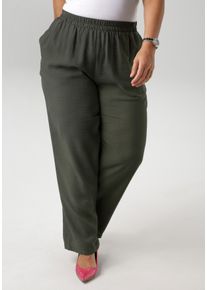 ANISTON PLUS Damen Schlupfhose, grün, casual, Gr. 48, unifarben, Strukturmuster, Leinenoptik, Web, Obermaterial: 83% Viskose, 17% Nylon, Hosen, aus
