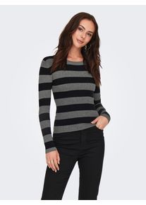 Jacqueline de Yong JDY Damen Rundhalspullover "JDYPLUM L/S O-NECK PULLOVER KNT NOOS", grau, modisch, Gr. L, gestreift, geringelt, Strick, Rippstrick, Feinstrick,