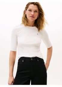 Tommy Hilfiger Damen Kurzarmshirt "SLIM 5X2 RIB C-NK 1/2 SLV"ivory silk, casual, Gr. L, unifarben, Single Jersey, Obermaterial: 95% Viskose, 5%