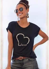 Lascana Kurzarmshirt 'mit Lascana Herz Print' schwarz Gr. 40/42 für Damen. Rundhals und Print. Figurumspielend. Nachhaltig.