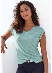 Lascana Kurzarmshirt 'mit Strassknopf in Blütenform' grün Gr. 32/34 für Damen. V-Ausschnitt und Zierknopf. Bequem. Nachhaltig.