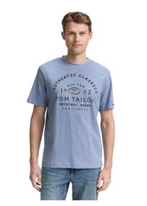 Tom Tailor Herren T-Shirtweiß dove blau injected, casual, Gr. M, bedruckt, Jersey, Obermaterial: 94% Baumwolle, 6% Polyester, Shirts, mit Logo Print