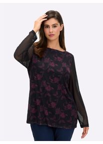 sheego Große Größen Langarmshirt mit U-Boot-Ausschnitt und Mesh-Details, schwarz-bedruckt, Größe 52/54 - Damen