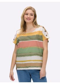 sheego Gro&szlig;e Gr&ouml;&szlig;en Kurzarmshirt mit Kn&ouml;pfen in Holz-Optik, khaki-ecru-bedruckt, Gr&ouml;&szlig;e 38 - Damen