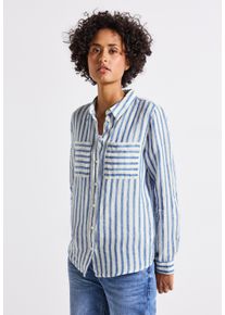 Street One Damen Langarmbluseserenity blau, casual, Gr. 38, gestreift, Web, 100% Leinen, Blusen, mit Brusttaschen