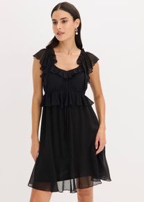 bonprix Chiffonkleid in A-Linie, schwarz, Gr.38, Kurzes Kleid mit R&uuml;schen&auml;rmeln