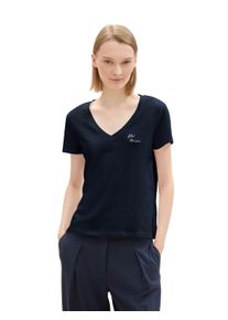 Damen V-Shirt, blau, casual, Gr. M, Tom Tailor Denim, unifarben, Jersey, Obermaterial: 100% Baumwolle, Shirts, mit Statement-Prints