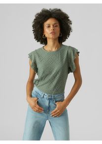 Véro Moda VERO MODA Damen Rundhalsshirt "VMTASSA SL FRILL TOP NOOS", grün, modisch, Gr. S, unifarben, Jersey, Obermaterial: 95% Polyester, 5% Elasthan, Shirts