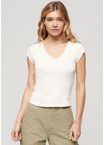 Superdry Damen T-Shirt "ESSENTIAL LACE TRIM V TEE", weiß, casual, Gr. M, unifarben, Single Jersey, Obermaterial: 100% Baumwolle, Shirts