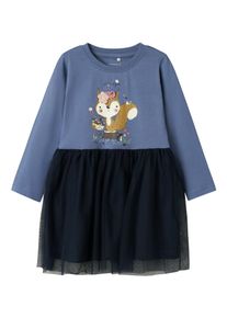 name it Mädchen Tüllkleid "NMFOHFELIA LS DRESS BOX", blau, casual, Gr. 92, bedruckt, Jersey, Tüll, Obermaterial: 100% Baumwolle, Kleider