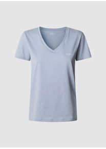 Pepe Jeans Damen V-Shirt "MACY V-NECK"dazed blau 516, casual, Gr. XS, unifarben, Single Jersey, Obermaterial: 100% Baumwolle, Shirts, mit