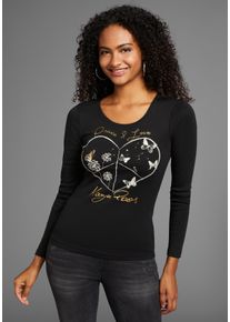 Kangaroos Damen Langarmshirt, schwarz, casual, Gr. 36, Rippware, Obermaterial: 100% Baumwolle, Shirts, mit Herz-Print