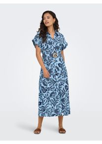 Only Damen Hemdblusenkleid "ONLJAKIRI LINEN SS MIDI SHIRT DRESS WVN"cerulean aop:noos graphic garden, modisch, Gr. XS, bedruckt, Web, Obermaterial: