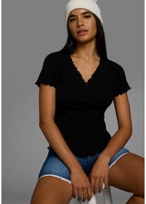 Kangaroos Damen T-Shirt, schwarz, casual, Gr. 52, unifarben, Rippware, Obermaterial: 100% Baumwolle, Shirts, mit Knopfleiste und verspieltem Rollsaum