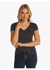 Tommy Jeans Damen T-Shirt "TJW SLIM V-NECK TEE", schwarz, Basic, Gr. S, unifarben, Single Jersey, Obermaterial: 100% Baumwolle, Shirts, mit