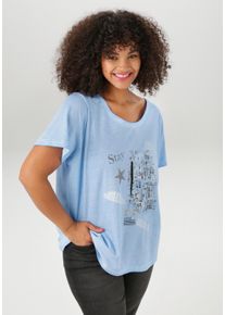 ANISTON PLUS Damen T-Shirt, blau, casual, Gr. 52, bedruckt, unifarben, Jersey, Obermaterial: 100% Baumwolle, Shirts, mit edlem Druckmotiv - NEUE