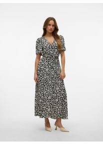 Véro Moda VERO MODA Damen Sommerkleid "VMALBA SS CALF DRESS WVN GA NOOS"schwarz aop:sussie snow weiß, modisch, Gr. L, bedruckt, Web, Obermaterial: 100%