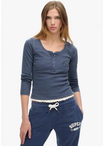 Superdry Damen Langarmshirt "ATHLETIC BUTTON DOWN LS TOP", blau, casual, Gr. XS, unifarben, Feinripp, Obermaterial: 95% Baumwolle, 5% Elasthan,