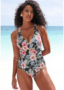 Lascana Damen Badeanzug "Salsa", schwarz, Gr. 38, geblümt, Recycling-Polyamid, Badeanzüge, mit Shaping-Effekt und trendigen Kreuzträgern