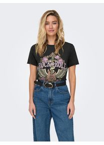 Only Damen Rundhalsshirt "ONLLUCY REG S/S TOP JRS NOOS"schwarz print:rock, casual, Gr. S, bedruckt, Single Jersey, Obermaterial: 100% Baumwolle,
