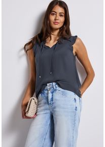 Street One Damen Blusentopdeepwater blau, casual, Gr. 44, unifarben, Web, Obermaterial: 100% Viskose, Blusen, mit Rüschendetails am Armansatz
