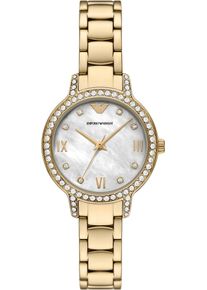 Emporio Armani Damen Quarzuhrgoldfarben, perlmuttfarben, Armbanduhren, Armbanduhr, Damenuhr, Edelstahlarmband, analog, Glassteine