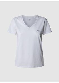 Pepe Jeans Damen V-Shirt "MACY V-NECK"weiß 808, casual, Gr. XS, unifarben, Single Jersey, Obermaterial: 100% Baumwolle, Shirts, mit Logoschriftzug