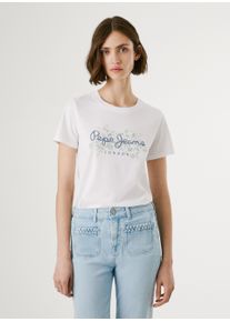 Pepe Jeans Damen T-Shirt "BERO", weiß, casual, Gr. XS, bedruckt, Single Jersey, Obermaterial: 100% Baumwolle, Shirts, Rundhals, mit Print