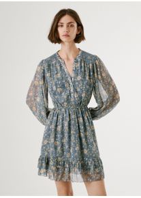 Pepe Jeans Damen Blusenkleid "LONDYN DRESS", blau, casual, Gr. M, geblümt, Chiffon, Obermaterial: 100% Polyester, Kleider, tailliert, mit elastischem