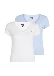 Tommy Jeans Damen T-Shirt "TJW 2PACK V-NECK TEE", blau, casual, Gr. S, unifarben, Jersey, Obermaterial: 100% Baumwolle, Shirts, mit Logostickerei