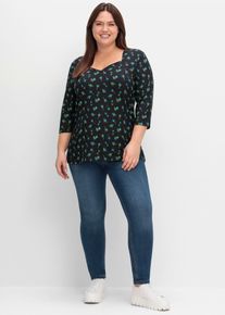 sheego Damen 3/4-Arm-Shirt "T-Shirt", schwarz, Gr. 52, geblümt, gemustert, 95% Viskose, 5% Elasthan, Shirts