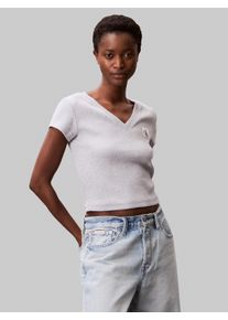 Damen T-Shirt "A- SS WOVEN LABEL RIB VNECK TEE"bc06 grau heather, feminin, Gr. L, Calvin Klein Jeans, meliert, Rippware, Obermaterial: 95% Baumwolle,