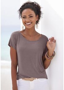 Vivance Kurzarmshirt 'mit Häkelspitze am Rücken' taupe Gr. 32/34 für Damen. Rundhals und Spitze. Lässig Geschnitten. Nachhaltig.